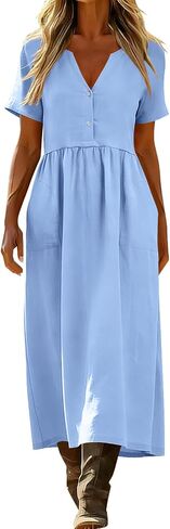 Dresses for Women Summer Casual Solid Color Flowy Beach Dress V Neck Button Front Smocked Maxi Dress with Pockets in Saudi Arabia
