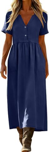 Dresses for Women Summer Casual Solid Color Flowy Beach Dress V Neck Button Front Smocked Maxi Dress with Pockets in Saudi Arabia