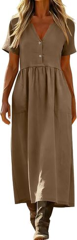 Dresses for Women Summer Casual Solid Color Flowy Beach Dress V Neck Button Front Smocked Maxi Dress with Pockets in Saudi Arabia