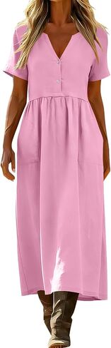 Dresses for Women Summer Casual Solid Color Flowy Beach Dress V Neck Button Front Smocked Maxi Dress with Pockets in Saudi Arabia