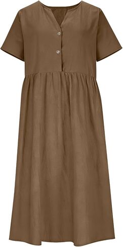 Dresses for Women Summer Casual Solid Color Flowy Beach Dress V Neck Button Front Smocked Maxi Dress with Pockets in Saudi Arabia