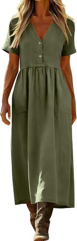 Dresses for Women Summer Casual Solid Color Flowy Beach Dress V Neck Button Front Smocked Maxi Dress with Pockets in Saudi Arabia