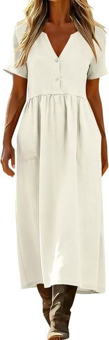 Dresses for Women Summer Casual Solid Color Flowy Beach Dress V Neck Button Front Smocked Maxi Dress with Pockets in Saudi Arabia