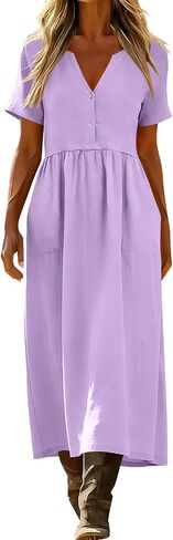 Dresses for Women Summer Casual Solid Color Flowy Beach Dress V Neck Button Front Smocked Maxi Dress with Pockets in Saudi Arabia