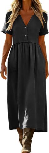 Dresses for Women Summer Casual Solid Color Flowy Beach Dress V Neck Button Front Smocked Maxi Dress with Pockets in Saudi Arabia