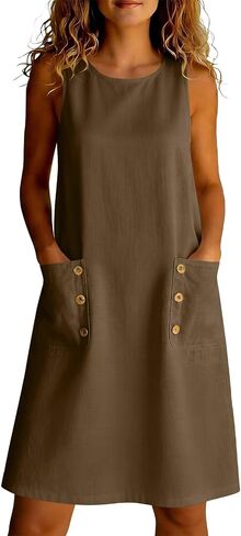 Womens Dress Summer with Button Pockets Sleeveless Mini Dress Lightweight Casual Solid Color Flowy Beach Dresses in Saudi Arabia