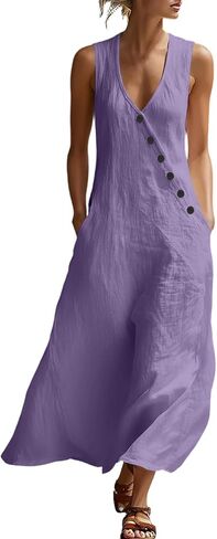 Dress for Women Summer Lightweight Casual Solid Color Flowy Beach Dresses V Neck Sleeveless Button Front Maxi Dress in Saudi Arabia