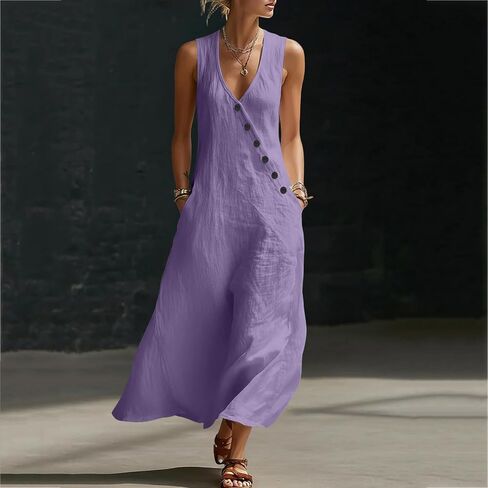 Dress for Women Summer Lightweight Casual Solid Color Flowy Beach Dresses V Neck Sleeveless Button Front Maxi Dress in Saudi Arabia
