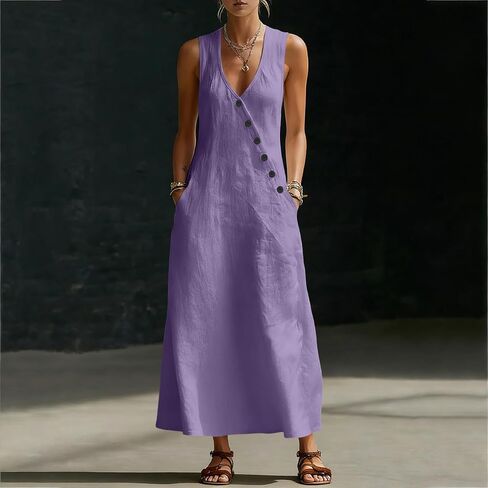 Dress for Women Summer Lightweight Casual Solid Color Flowy Beach Dresses V Neck Sleeveless Button Front Maxi Dress in Saudi Arabia