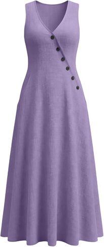 Dress for Women Summer Lightweight Casual Solid Color Flowy Beach Dresses V Neck Sleeveless Button Front Maxi Dress in Saudi Arabia