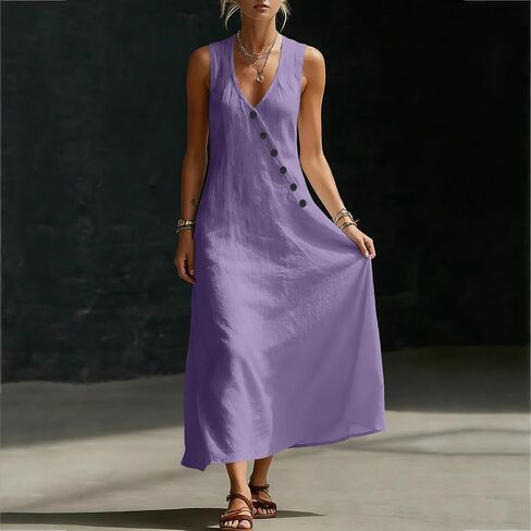 Dress for Women Summer Lightweight Casual Solid Color Flowy Beach Dresses V Neck Sleeveless Button Front Maxi Dress in Saudi Arabia