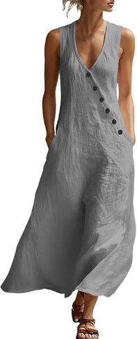 Dress for Women Summer Lightweight Casual Solid Color Flowy Beach Dresses V Neck Sleeveless Button Front Maxi Dress in Saudi Arabia
