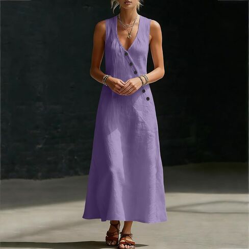 Dress for Women Summer Lightweight Casual Solid Color Flowy Beach Dresses V Neck Sleeveless Button Front Maxi Dress in Saudi Arabia