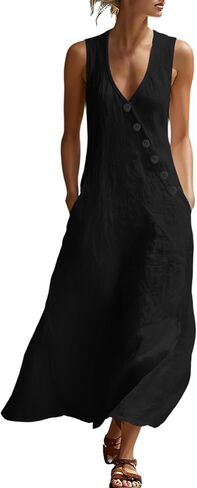 Dress for Women Summer Lightweight Casual Solid Color Flowy Beach Dresses V Neck Sleeveless Button Front Maxi Dress in Saudi Arabia