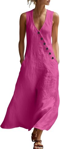 Dress for Women Summer Lightweight Casual Solid Color Flowy Beach Dresses V Neck Sleeveless Button Front Maxi Dress in Saudi Arabia