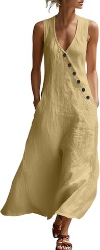 Dress for Women Summer Lightweight Casual Solid Color Flowy Beach Dresses V Neck Sleeveless Button Front Maxi Dress in Saudi Arabia
