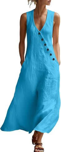 Dress for Women Summer Lightweight Casual Solid Color Flowy Beach Dresses V Neck Sleeveless Button Front Maxi Dress in Saudi Arabia