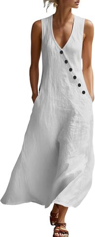 Dress for Women Summer Lightweight Casual Solid Color Flowy Beach Dresses V Neck Sleeveless Button Front Maxi Dress in Saudi Arabia