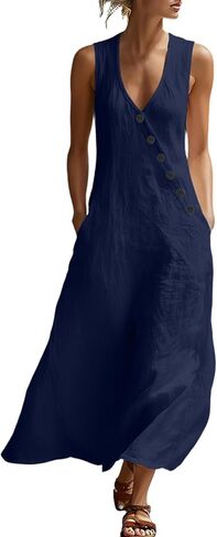 Dress for Women Summer Lightweight Casual Solid Color Flowy Beach Dresses V Neck Sleeveless Button Front Maxi Dress in Saudi Arabia
