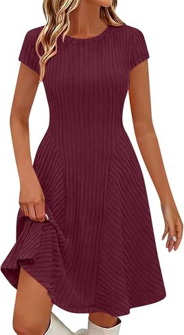 Dress for Women Summer for Vacation Short Sleeve Fitted Midi Dress Lightweight Casual Solid Flowy Beach Dresses in Saudi Arabia