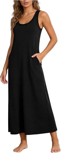 Women's Dresses Summer Lightweight Casual Solid Color Flowy Beach Dress Crew Neck Sleeveless Maxi Dress with Pockets in Saudi Arabia