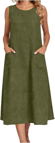 Dresses for Women Summer Lightweight Casual Solid Color Loose Flowy Beach Dress Sleeveless Midi Dress with Pockets in Saudi Arabia