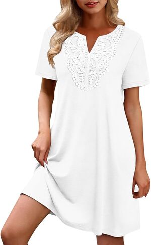 Dress for Women Summer Lace Short Sleeve Mini Dress for Daily Lightweight Casual Solid Color Flowy Beach Dresses in Saudi Arabia