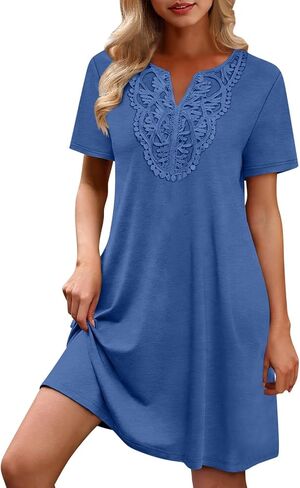 Dress for Women Summer Lace Short Sleeve Mini Dress for Daily Lightweight Casual Solid Color Flowy Beach Dresses in Saudi Arabia