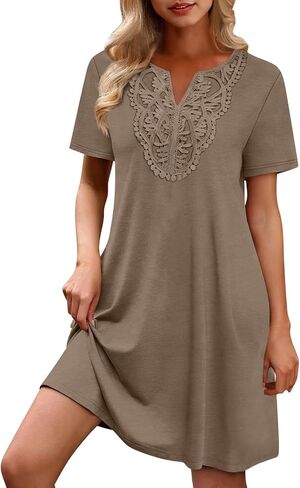 Dress for Women Summer Lace Short Sleeve Mini Dress for Daily Lightweight Casual Solid Color Flowy Beach Dresses in Saudi Arabia