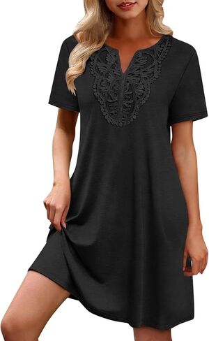 Dress for Women Summer Lace Short Sleeve Mini Dress for Daily Lightweight Casual Solid Color Flowy Beach Dresses in Saudi Arabia