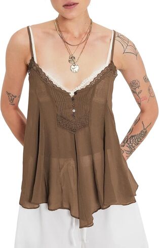 Womens Camisole Tops Adjustable Straps V Neck Sheer Tops Summer Y2K Lace Trim Flowy Going Out Tank Tops in Saudi Arabia