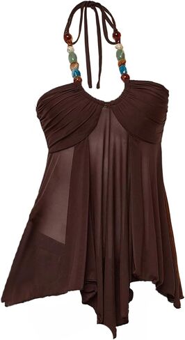 OYOANGLE Women's Boho Beaded Sheer Cami Halter Top Flowy Asymmetrical Hem Sleeveless Tops Summer Going Out Tops in Kuwait