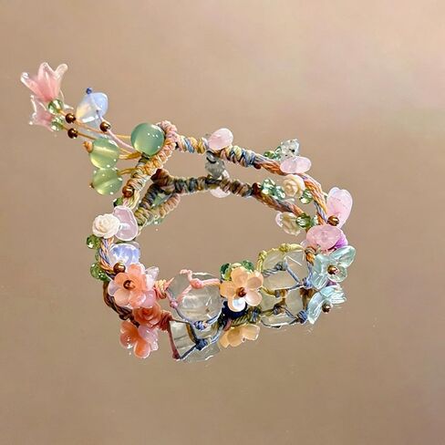 Natural Stone Bracelet, Handmade Beaded Jewelry, Floral Design Wrist Accessory, Adjustable Boho Style Ornament, Aesthetic Crystal Decor for Daily Wear, Nature Inspired Gift in Kuwait