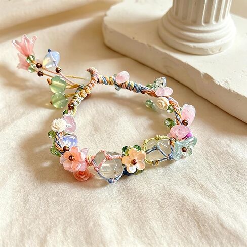 Natural Stone Bracelet, Handmade Beaded Jewelry, Floral Design Wrist Accessory, Adjustable Boho Style Ornament, Aesthetic Crystal Decor for Daily Wear, Nature Inspired Gift in Kuwait