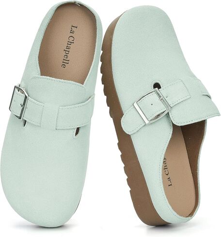 La Chapelle Suede Clogs for Women Soft Cork Footbed Leather Mules Comfort Potato Shoes with Adjustable Buckle for Indoor & Outdoor Use in Saudi Arabia