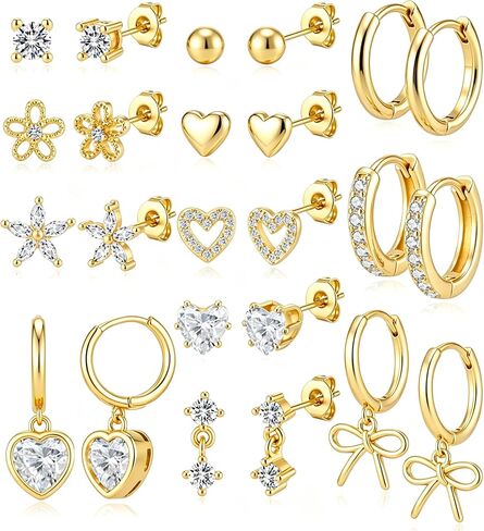 12 Pairs Small Stud Hoop Earrings Set for Women - 14K Gold Plated Huggie Hoops Hypoallergenic Earring Cute Dainty Flower Heart Stud Earrings for Jewelry Gift in Saudi Arabia