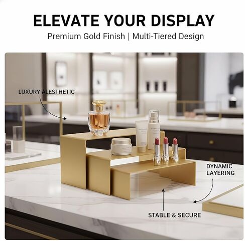 Stainless Steel Display Risers – 3-Tier Pedestal Stands for Retail Countertop, Cupcake Jewelry Showcase Riser, Shelf Riser for Food Cosmetics & Tabletop Decor (Gold) in Kuwait
