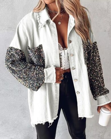Womens Sequin Patchwork Denim Jacket Oversized Long Sleeve Button Down Shacket with Raw Hem for Party Daily Outerwear in Kuwait