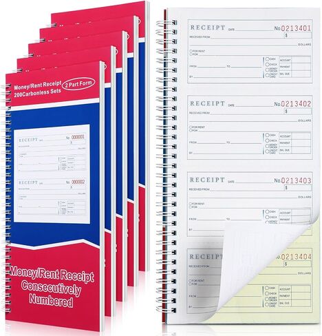 Crtiin Books Money and Rent Receipt Book 2 Part Carbonless Receipt Log Book with Carbonless Copies, Spiral Bound, 200 Sets Per Book, 4 Receipts Per Page, 5.25 x 11 Inch(10 Pcs) in Kuwait