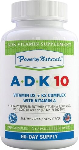 Power By Naturals ADK 10 Vitamin Supplement – Vitamins A, D3 & K2 MK-7 for Bone, Heart & Immune Health – Gluten-Free, Soy-Free – 90 Capsules (3-Month Supply) in Saudi Arabia