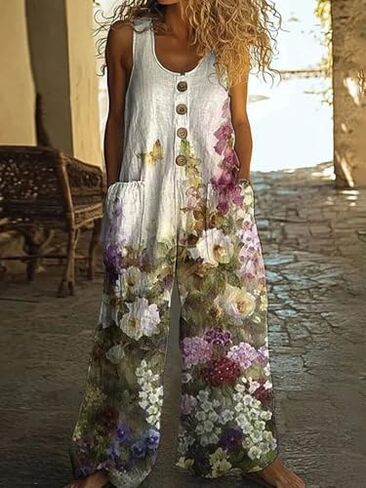 Women's Floral Button Down Jumpsuit Overalls - High Waist Wide Leg Romper with Pockets for Summer Daily Errands & Vacation in Kuwait