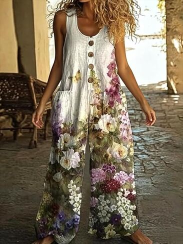 Women's Floral Button Down Jumpsuit Overalls - High Waist Wide Leg Romper with Pockets for Summer Daily Errands & Vacation in Kuwait