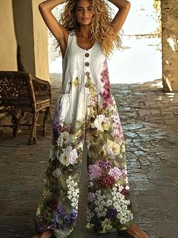 Women's Floral Button Down Jumpsuit Overalls - High Waist Wide Leg Romper with Pockets for Summer Daily Errands & Vacation in Kuwait