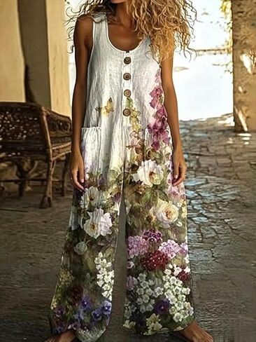Women's Floral Button Down Jumpsuit Overalls - High Waist Wide Leg Romper with Pockets for Summer Daily Errands & Vacation in Kuwait