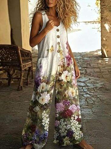 Women's Floral Button Down Jumpsuit Overalls - High Waist Wide Leg Romper with Pockets for Summer Daily Errands & Vacation in Kuwait