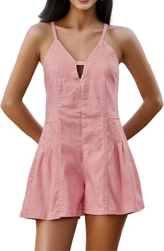 Women Denim Shorts Overalls Sleeveless Spaghetti Strap V Neck Backless Tie-Up Shorts Jumpsuit Casual Jean Romper in Kuwait