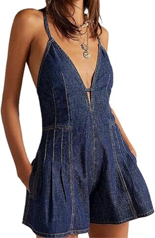 Women Denim Shorts Overalls Sleeveless Spaghetti Strap V Neck Backless Tie-Up Shorts Jumpsuit Casual Jean Romper in Kuwait