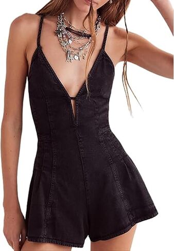 Women Denim Shorts Overalls Sleeveless Spaghetti Strap V Neck Backless Tie-Up Shorts Jumpsuit Casual Jean Romper in Kuwait