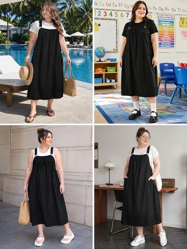 Moon Wood Plus Size Denim Overall Dress for Women Jumper Dress with Pockets Summer Casual Maxi Dress in Kuwait