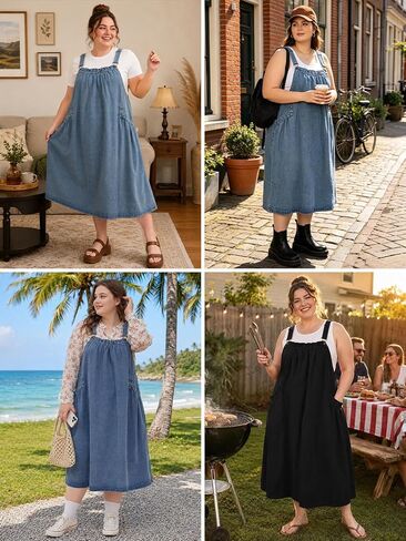 Moon Wood Plus Size Denim Overall Dress for Women Jumper Dress with Pockets Summer Casual Maxi Dress in Kuwait